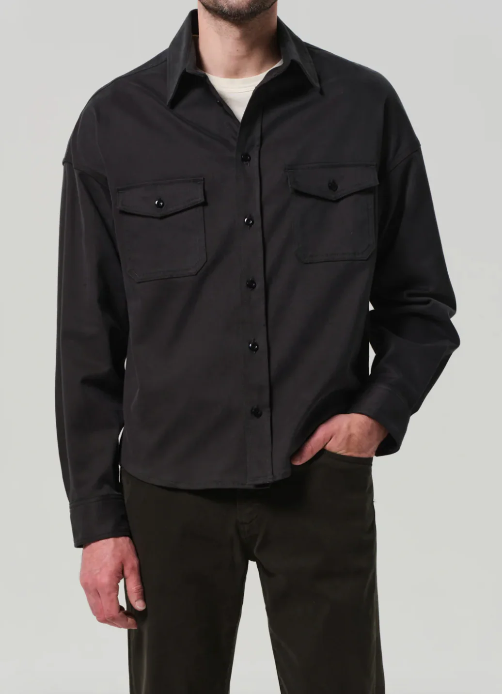 Shigoto Shirt Jacket in Grey Green - Image 2