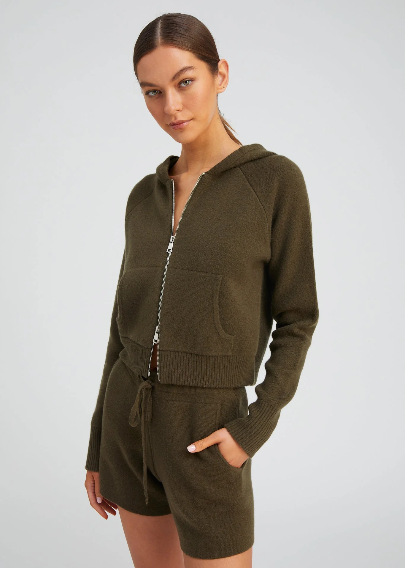 Shrunken Raglan Hoodie in Olive - Image 4