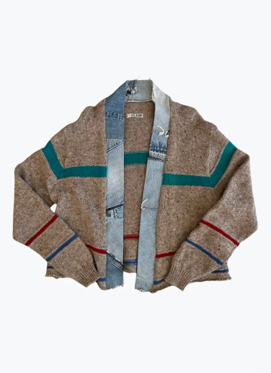 One-of-a-Kind Striped Cardigan with Denim Collar