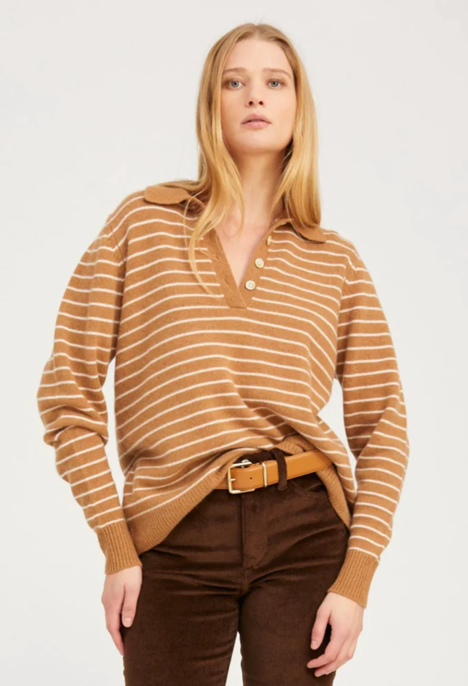 Striped Cashmere Polo Sweater in Camel Stripe - Image 2
