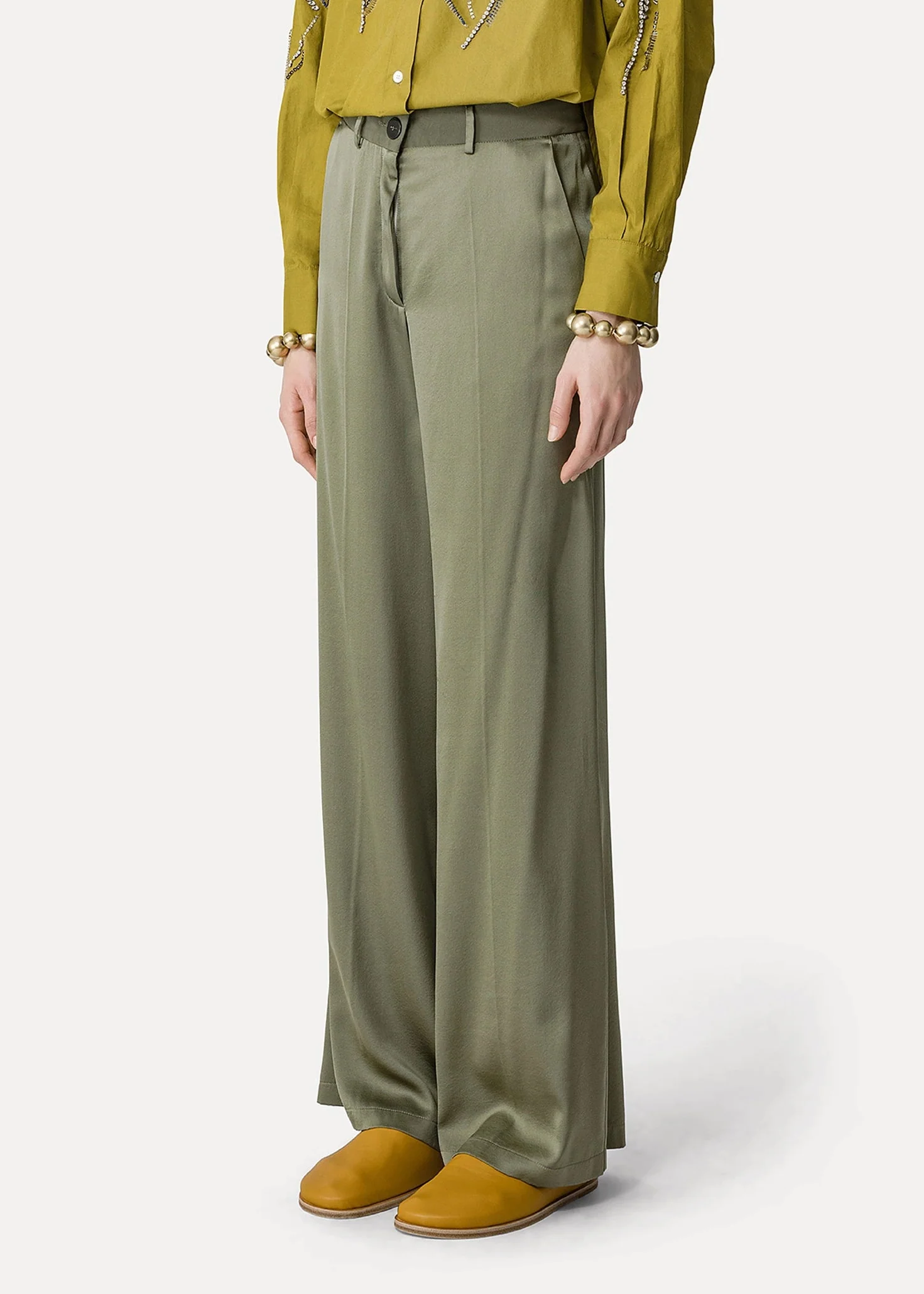 Stretch Silk Tailored Pants in Olive - Image 2