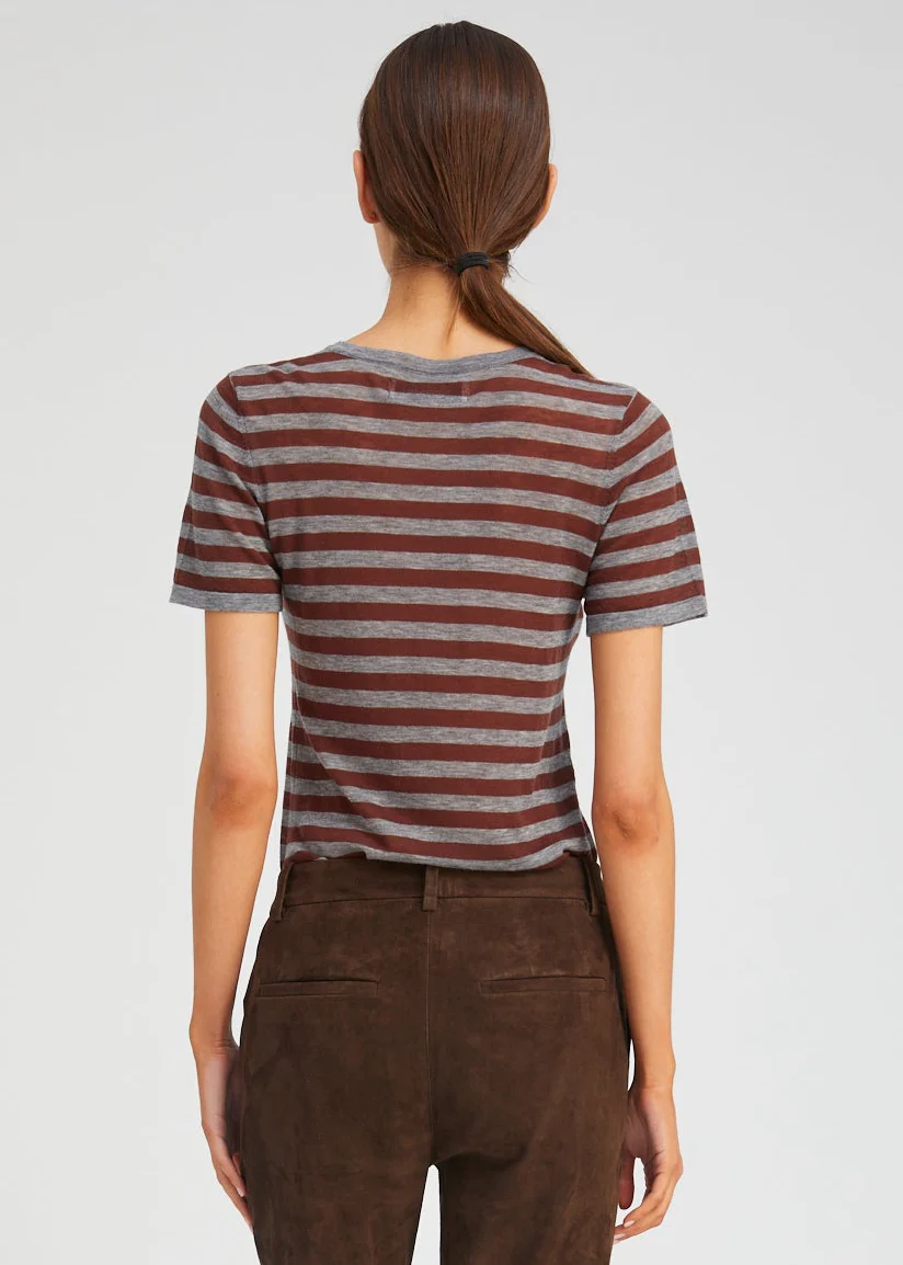 Tissue Cashmere Classic Tee in Grey & Brown Stripes - Image 3