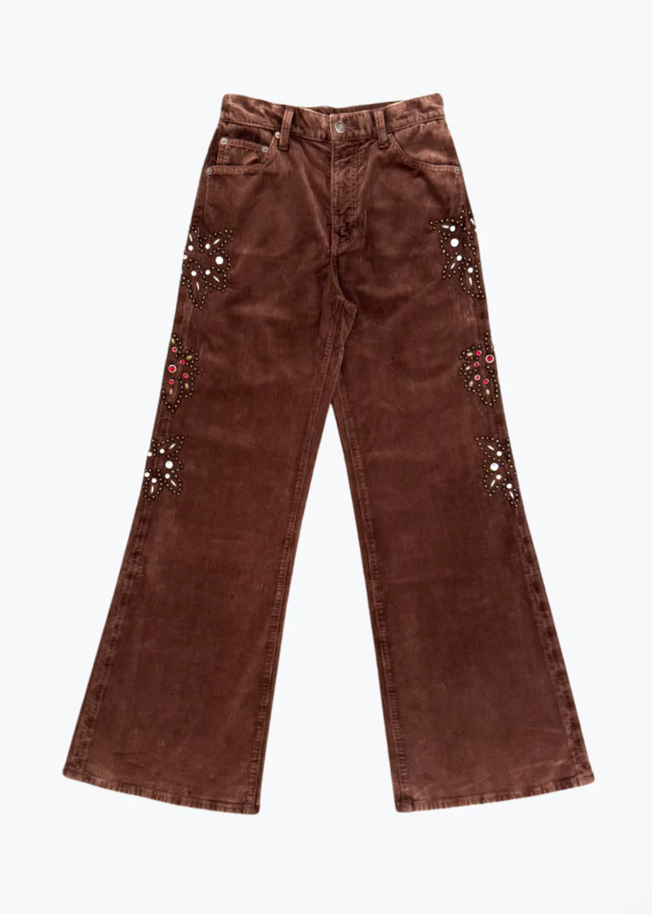 Victoria Flower Embroidered Stretch Corduroy Wide Leg Pants