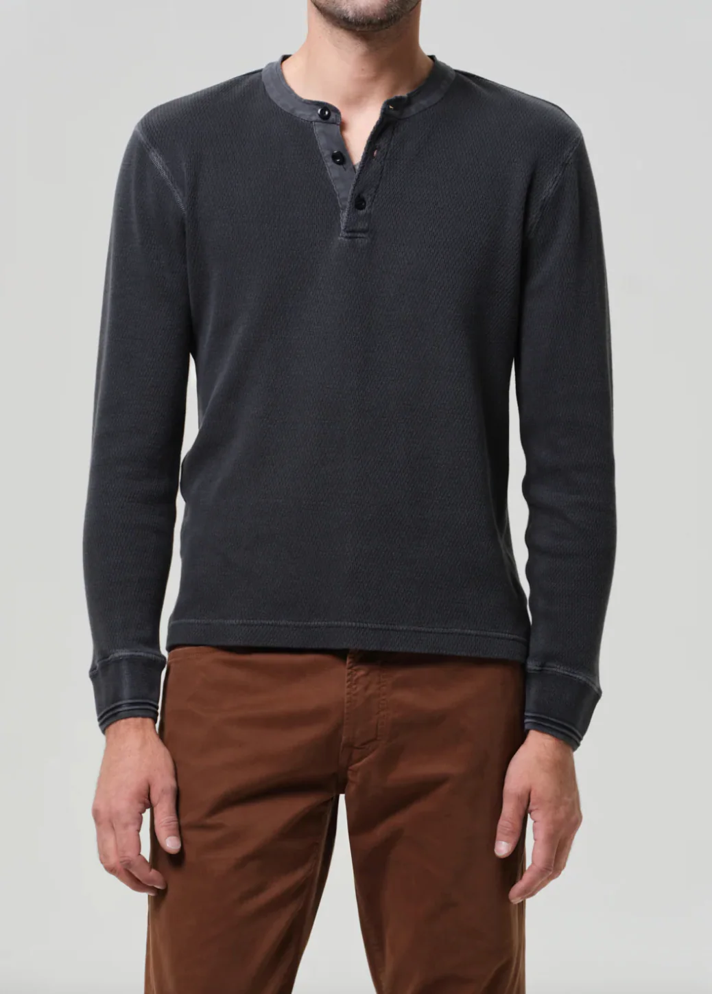 Waffle Three Button Henley in Charred Cedar - Image 2