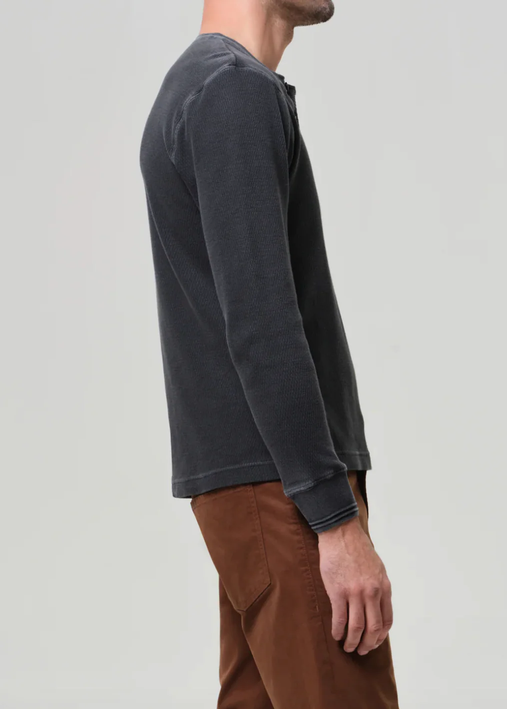 Waffle Three Button Henley in Charred Cedar - Image 4
