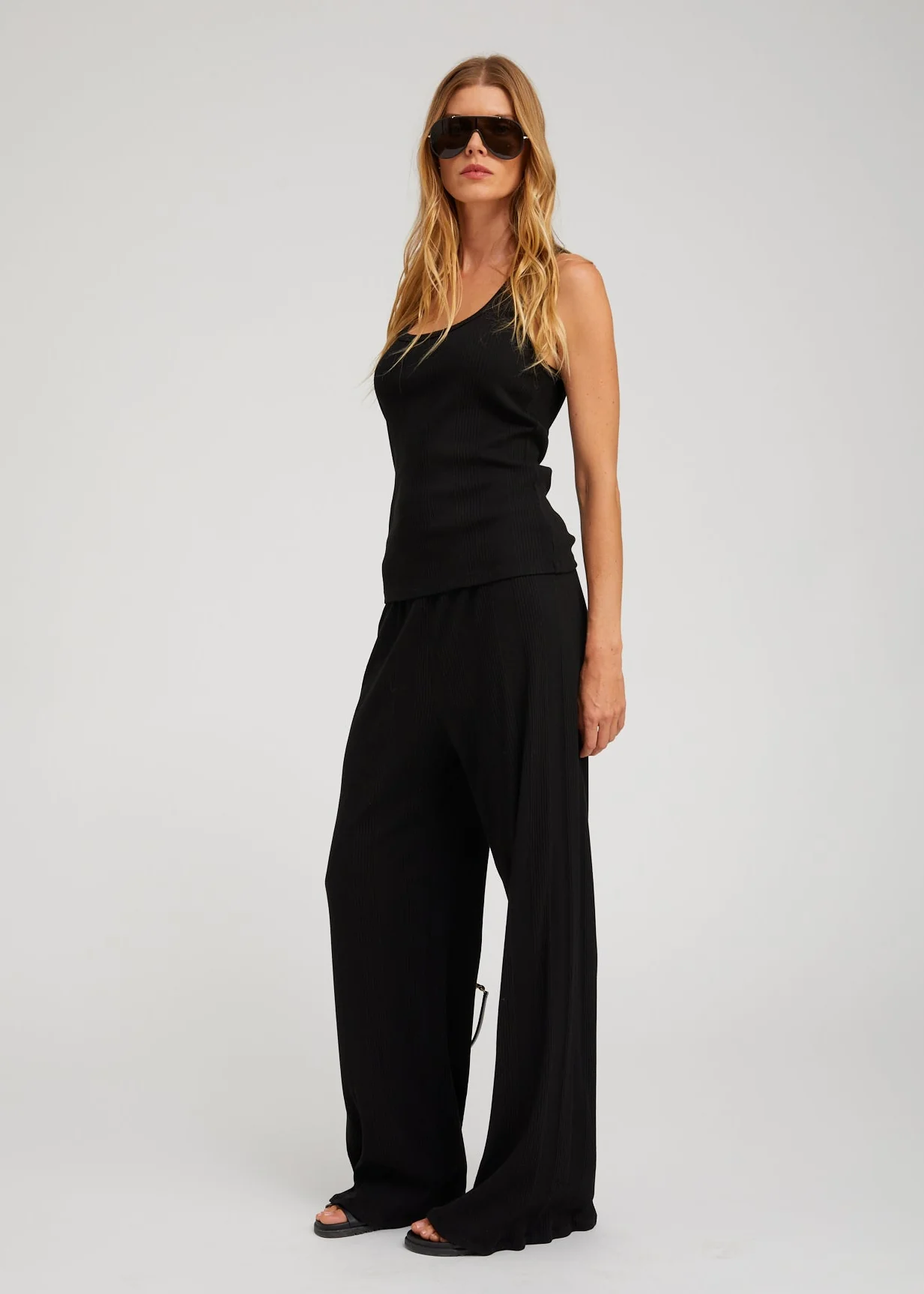 Wide Leg Rib Easy Pants in Black - Image 4